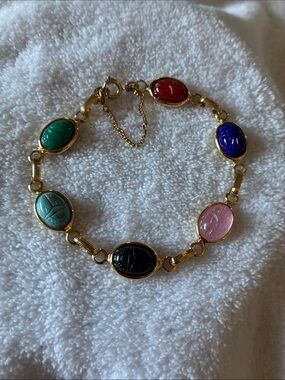 Multicolor Scarab Link Bracelet - Gold Tone